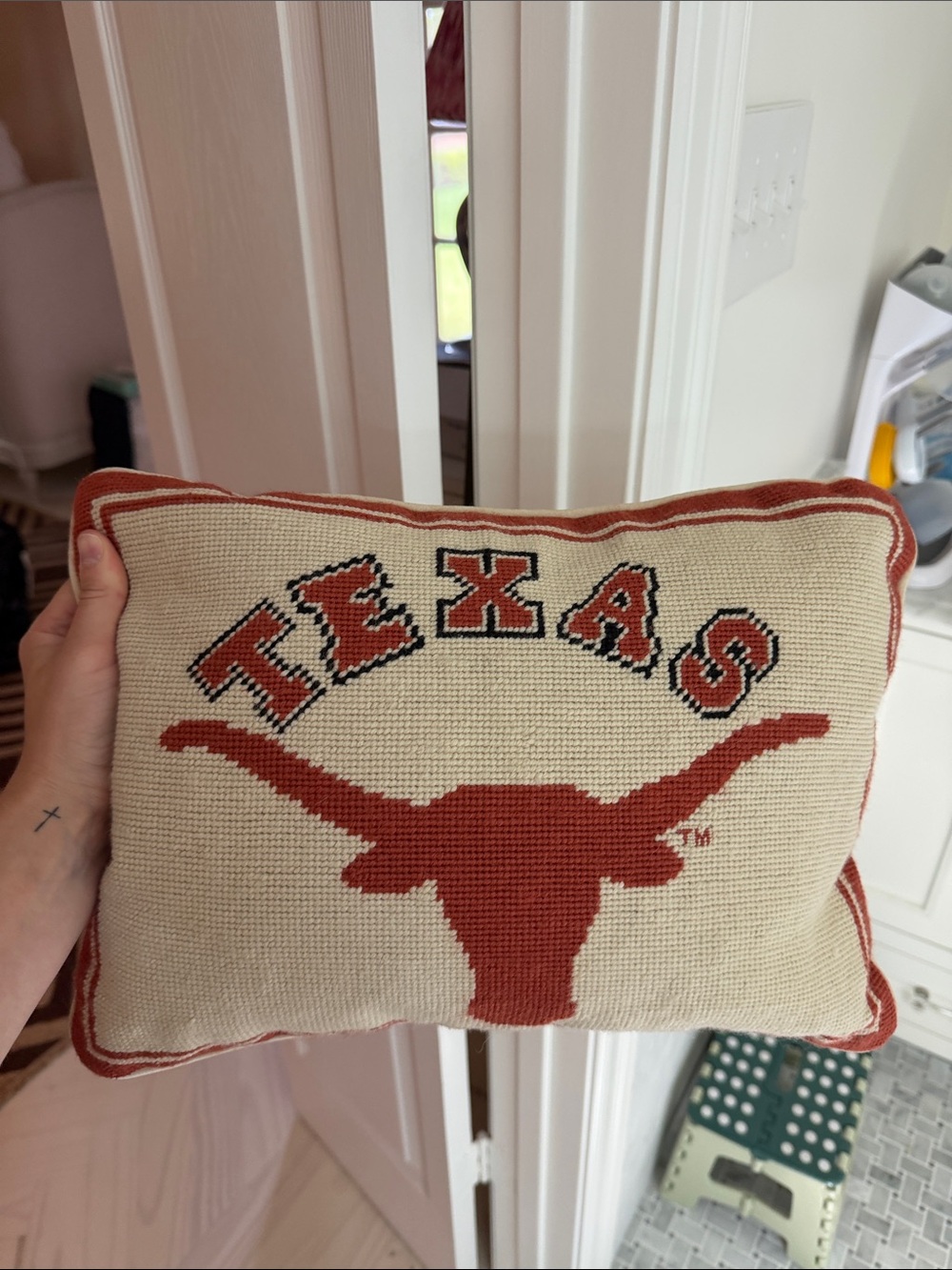 Texas Longhorns Needlepoint Cream and Burnt Orange Decorative Pillow